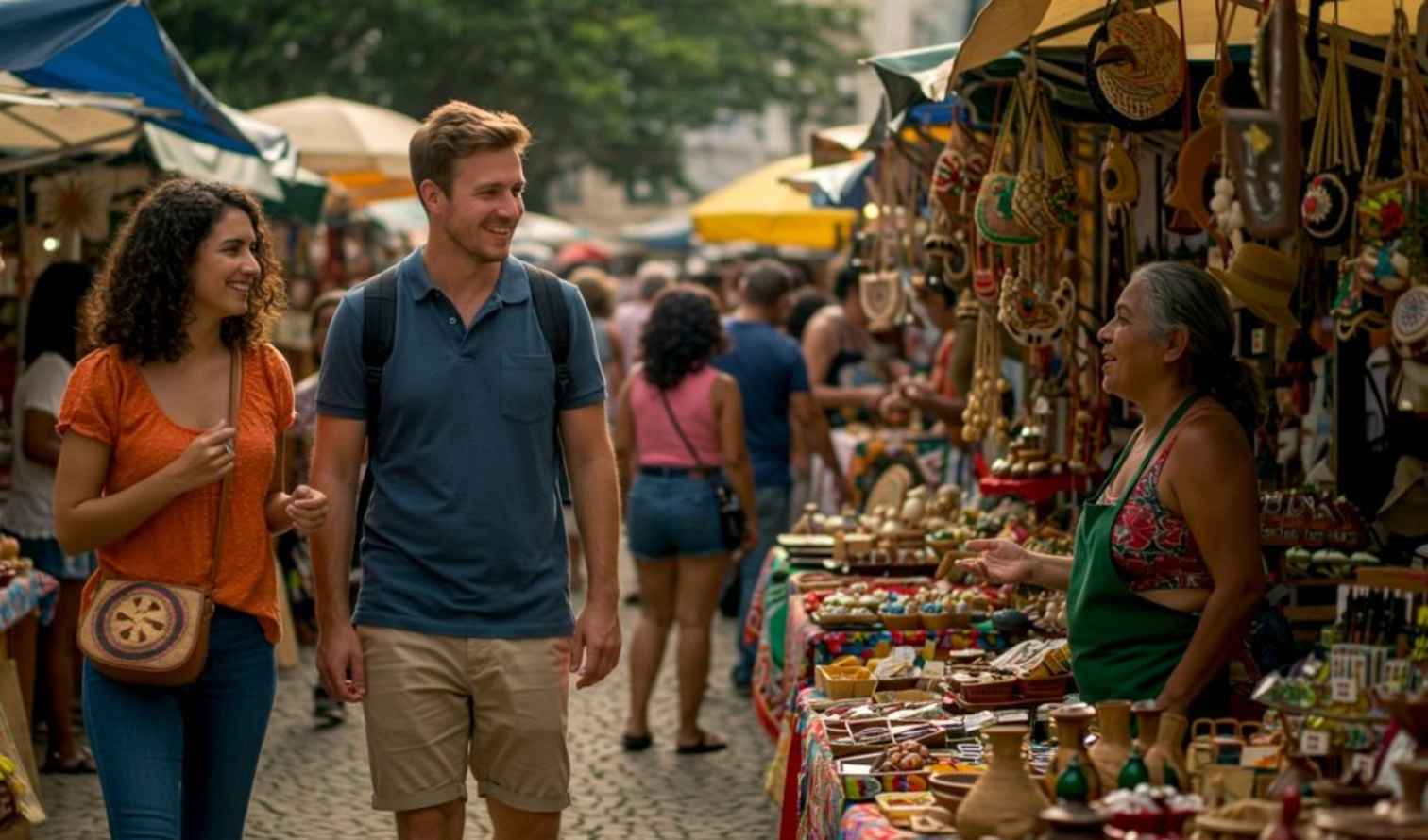 People walking through a street market with colorful stalls and local crafts on display in Rio de Janeiro