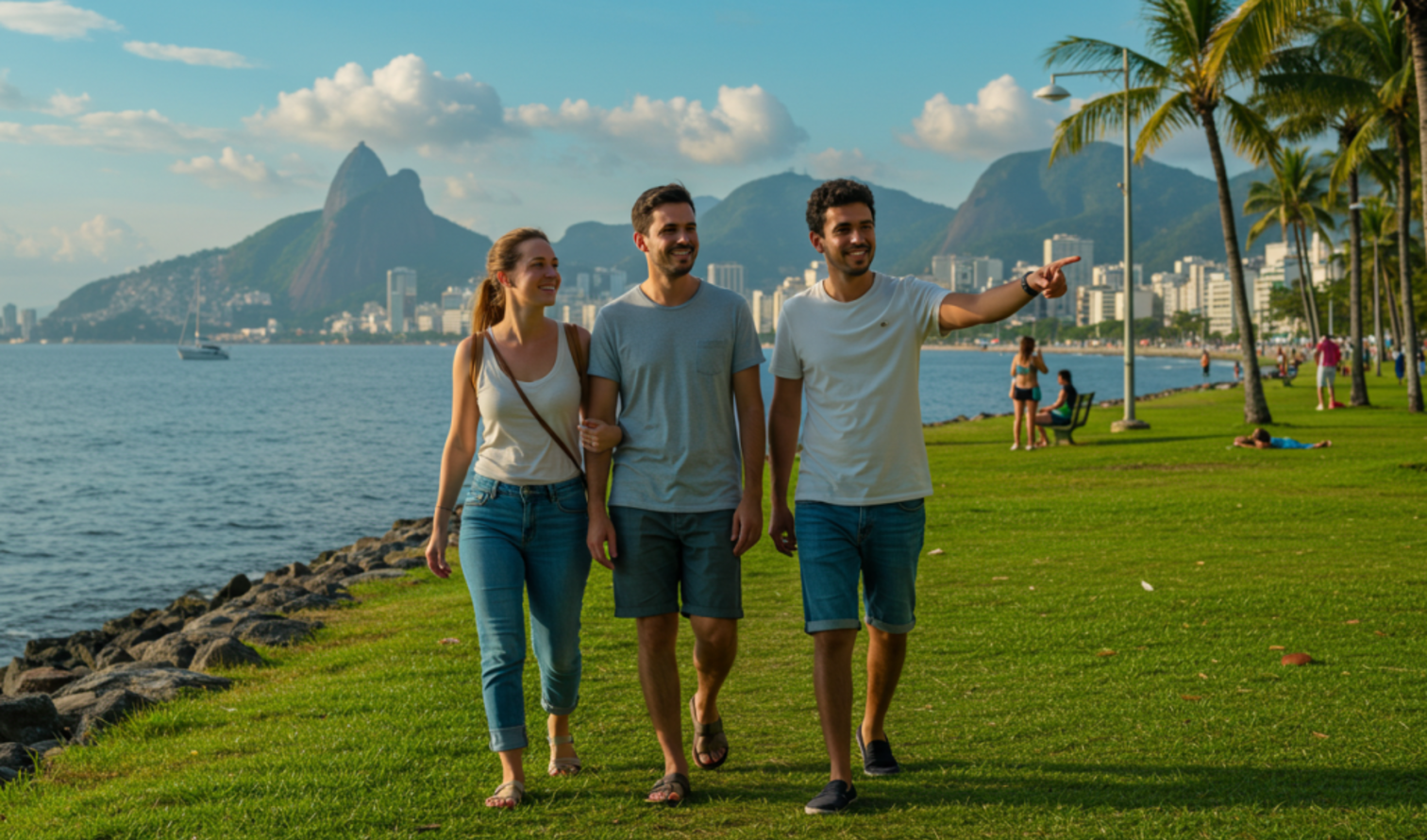 Three people walking along the shoreline in Rio de Janeiro with Sugarloaf Mountain visible.