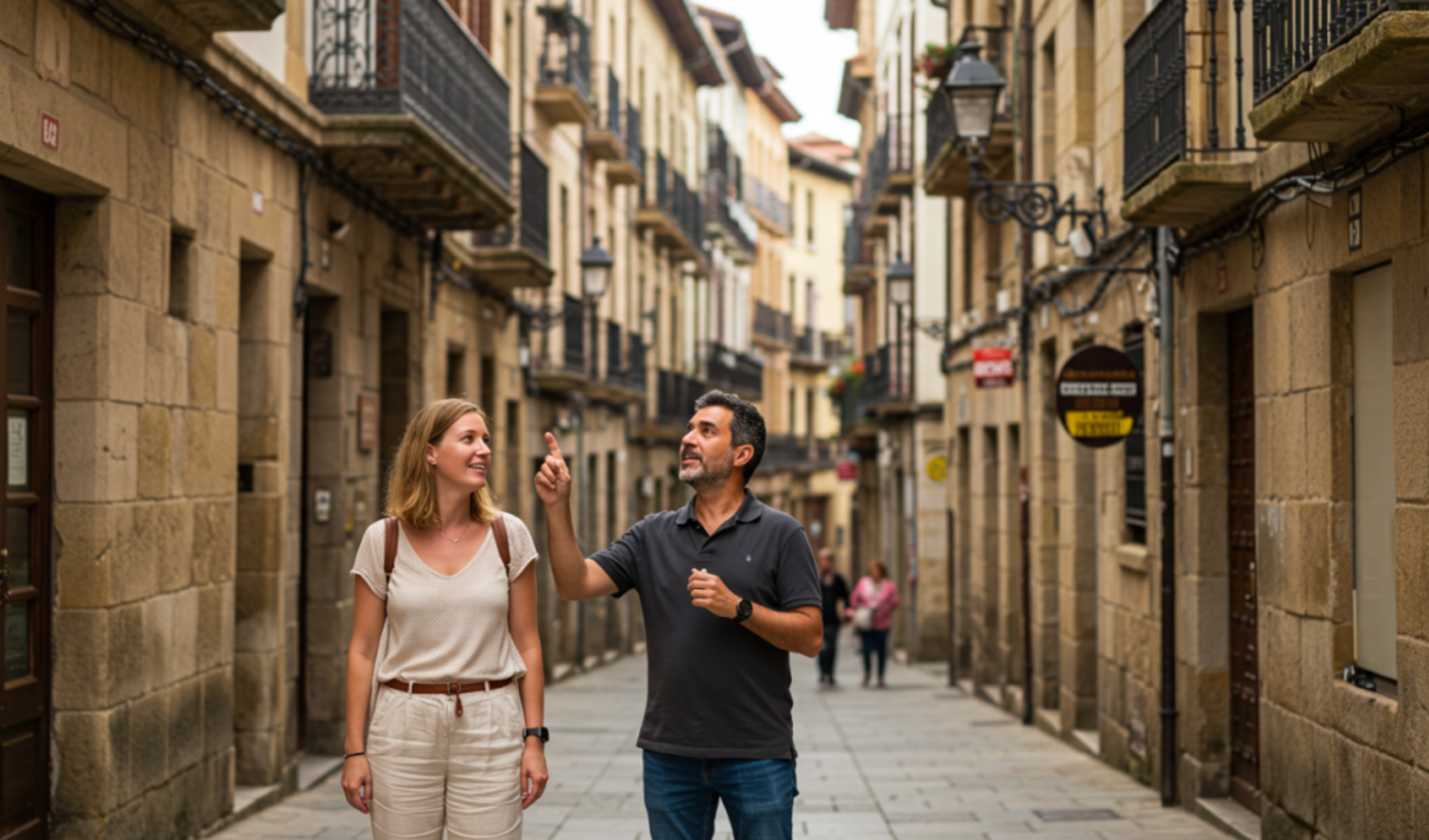 Two people walking on a narrow street in the historic center of Bilbao in San Sebastián