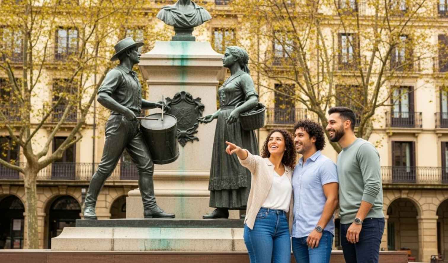 People examining the farming-themed statue in Plaza de Santa Ana in San Sebastián
