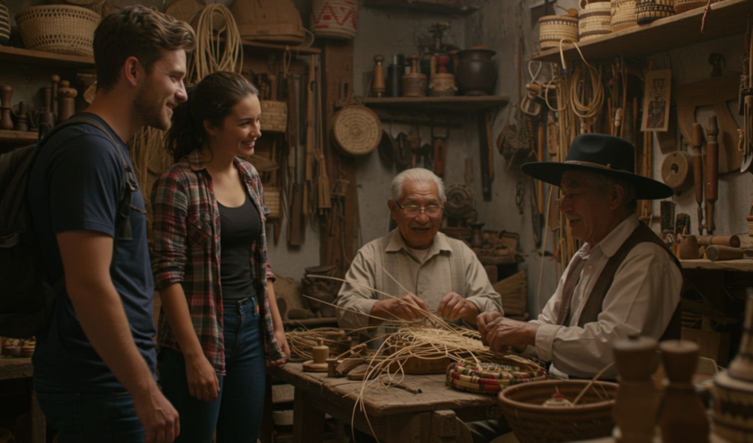 Two visitors watch artisans weaving in a traditional workshop scene in Santiago