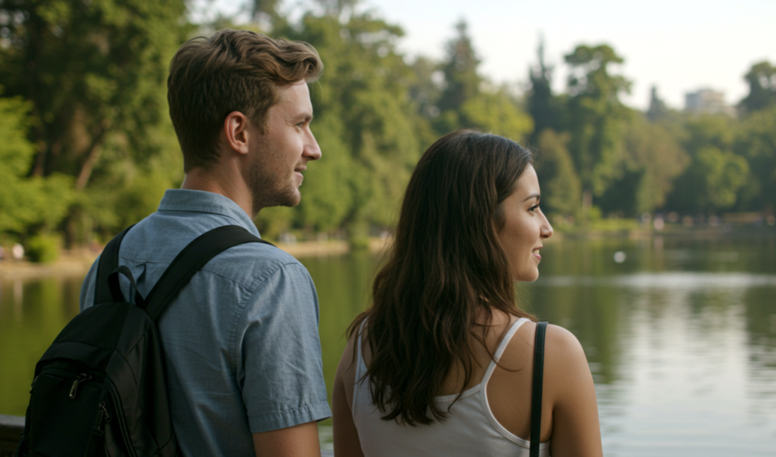 Side view of a woman and man looking over a lake in Santiago