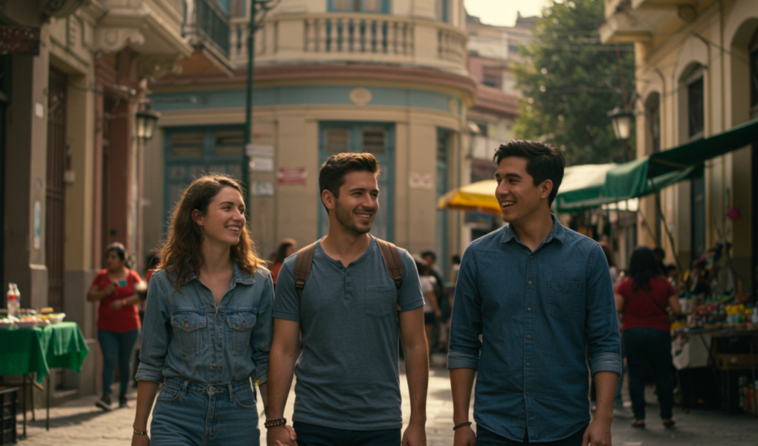 Three people walking on a street with market stalls in an urban area in Santiago