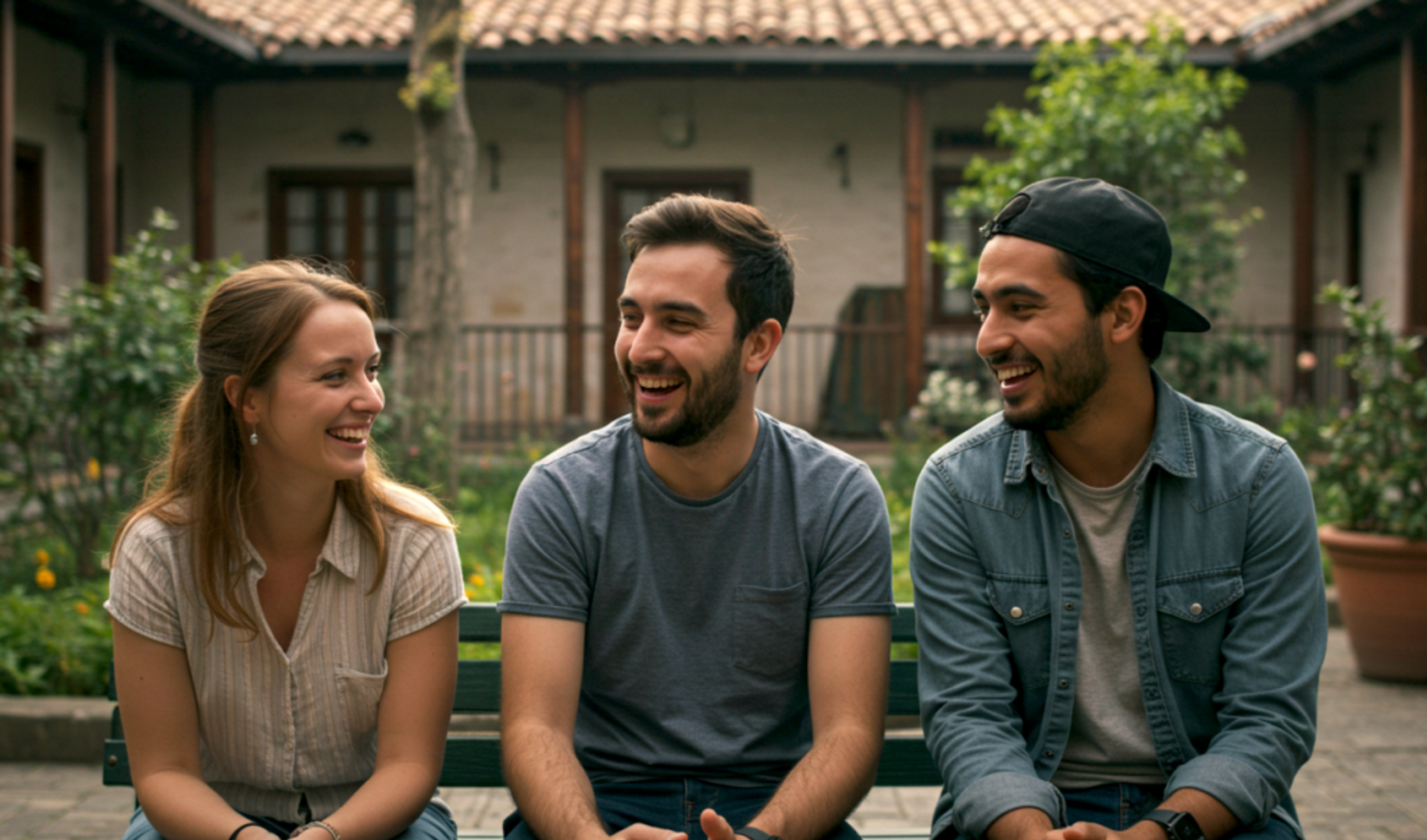 Three people sitting on a bench in a courtyard with potted plants in Santiago