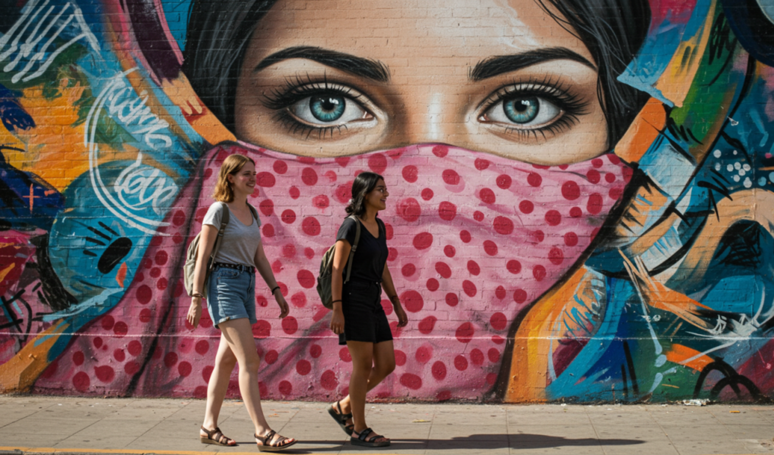Two women walking in front of a colorful mural on a city street in Santiago