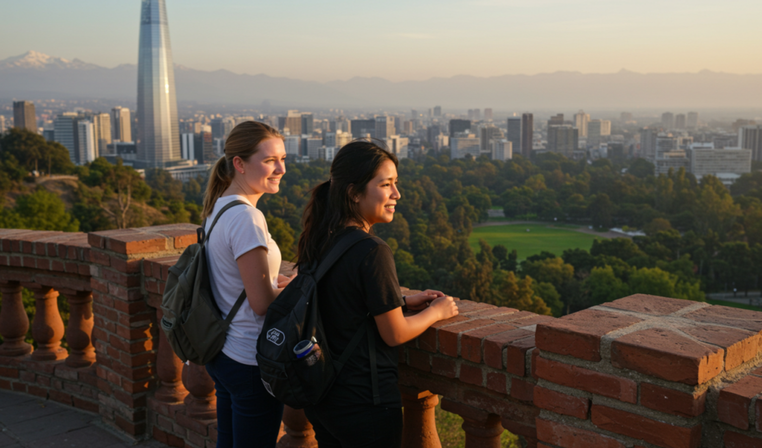 Two tourists with backpacks observing Santiago's urban landscape.