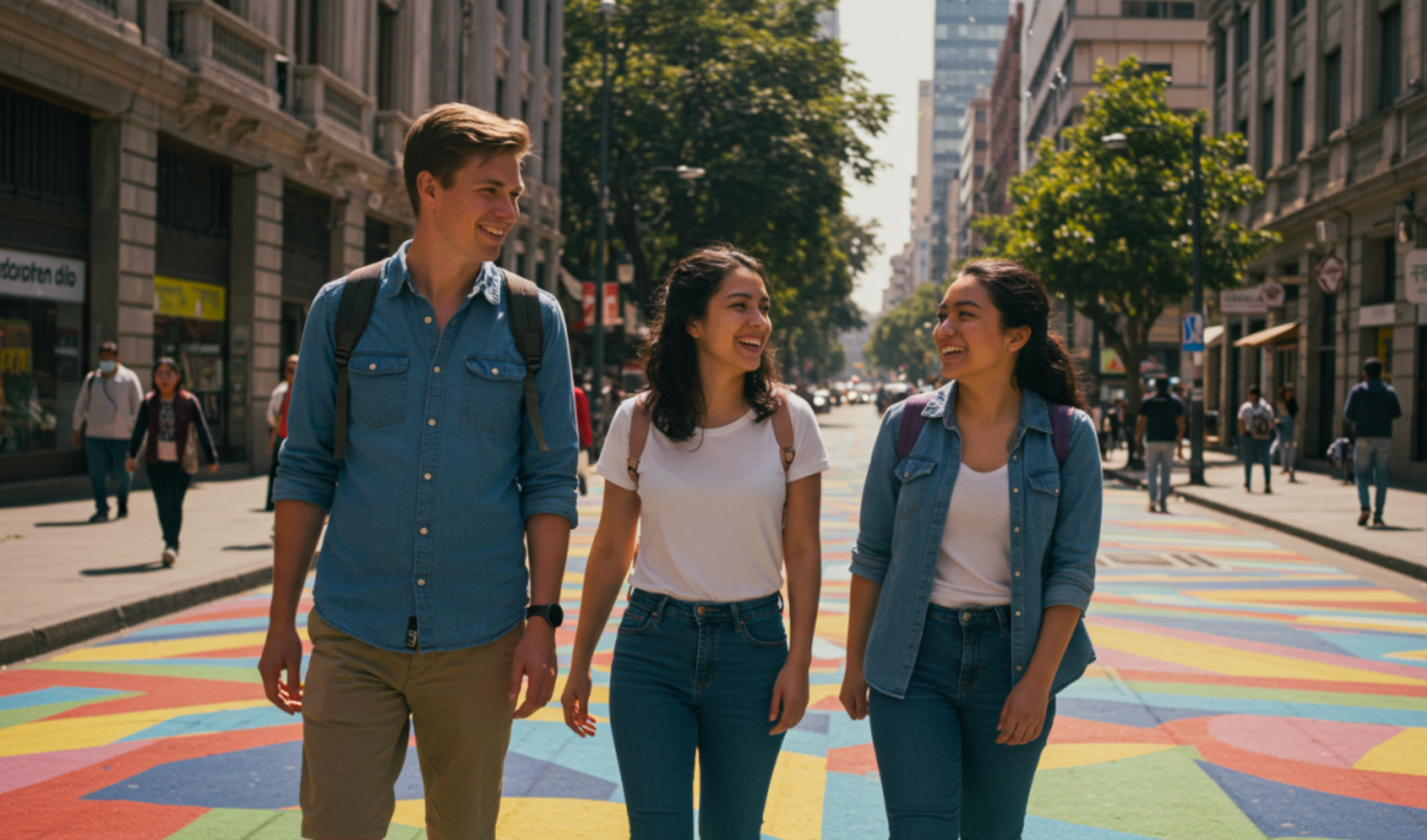 Three people walking on a colorful crosswalk in a city street in Santiago.