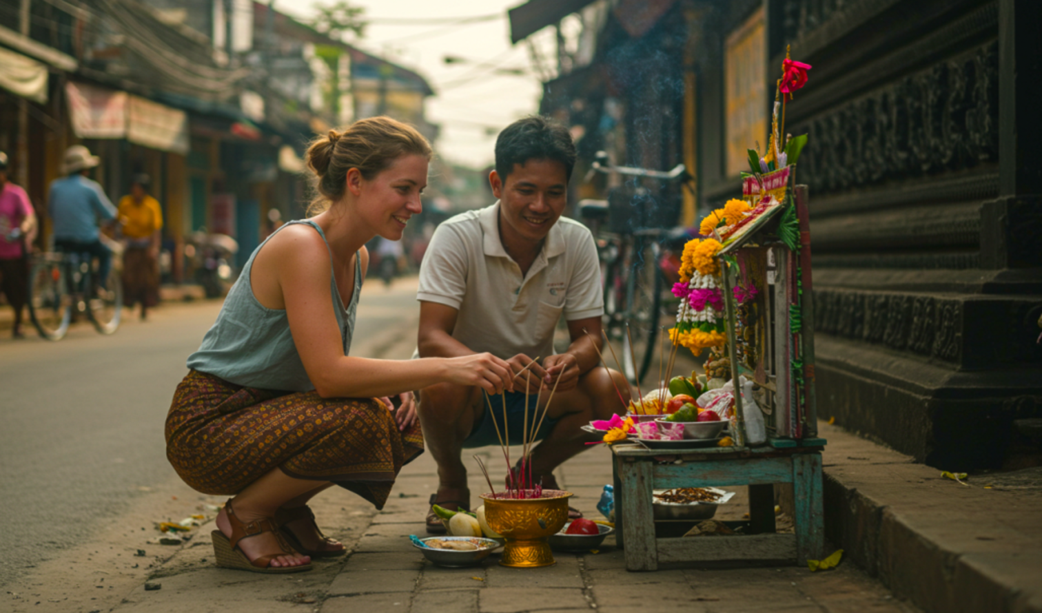 Busy street scene with a couple at a small religious shrine in Siem Reap