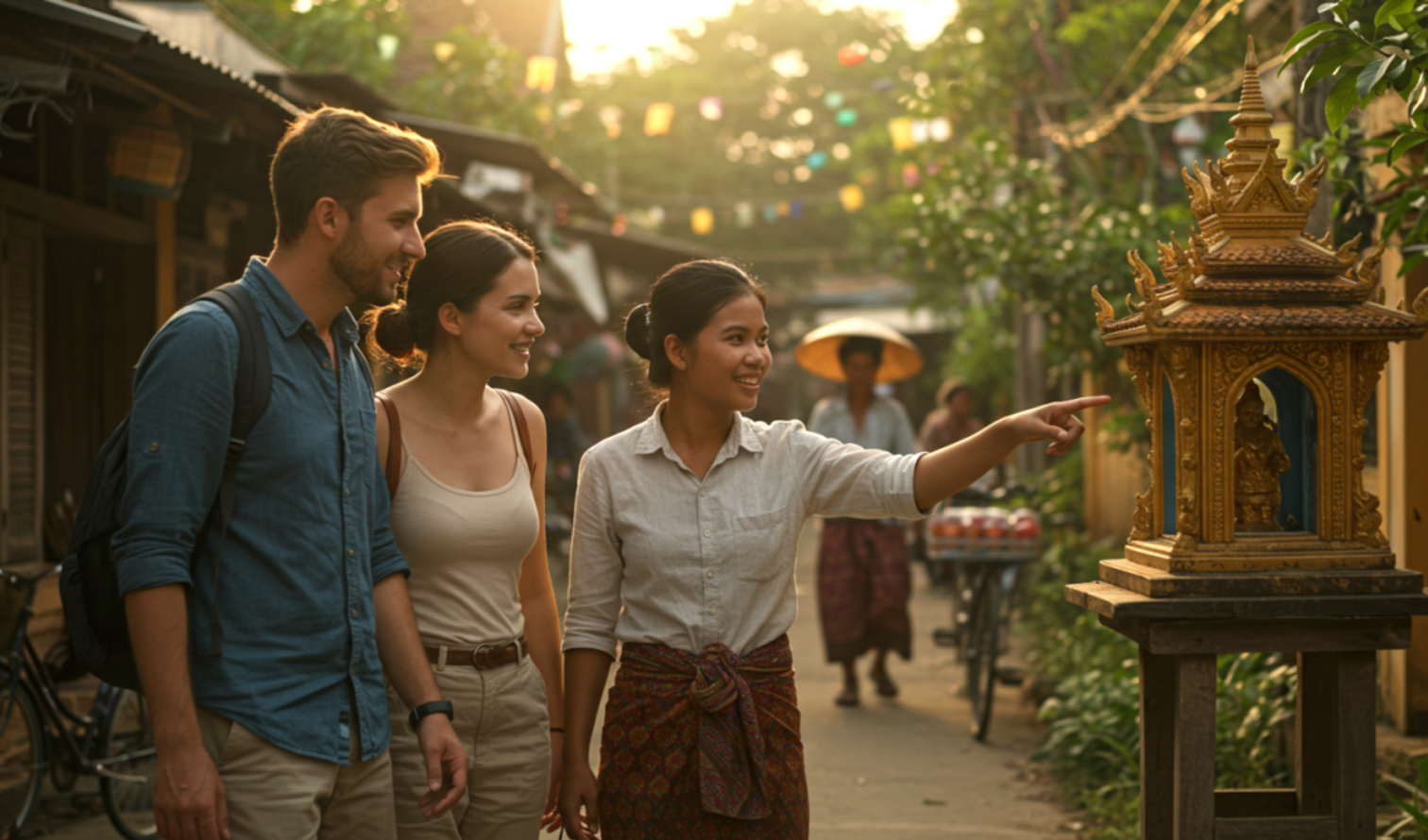 Three people observing a small shrine on a street in Siem Reap