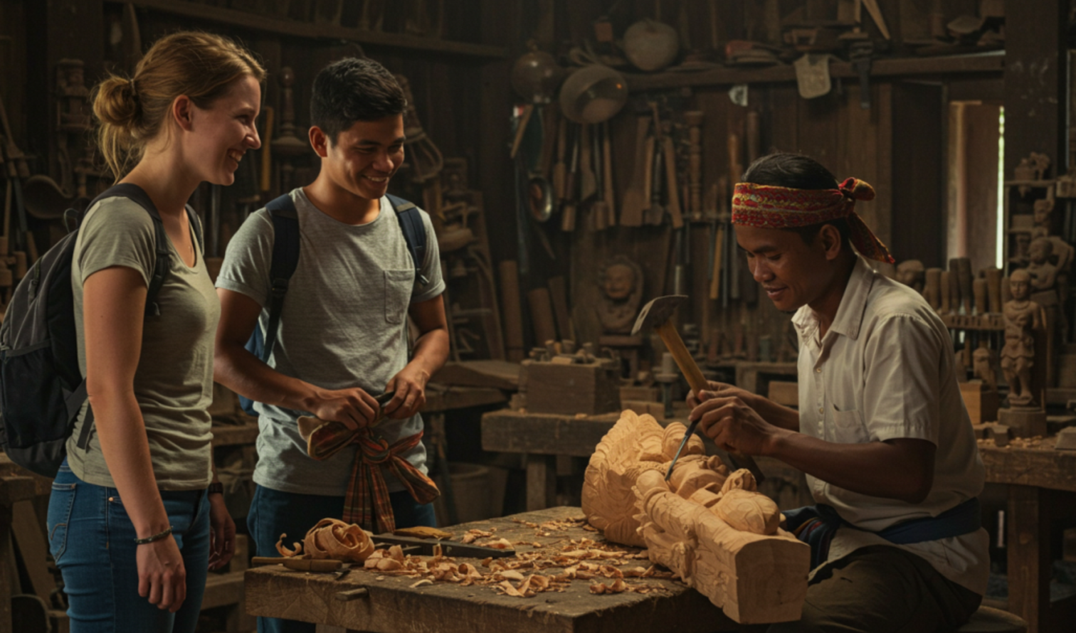 Two tourists watching a craftsman carving wood in a workshop in Siem Reap