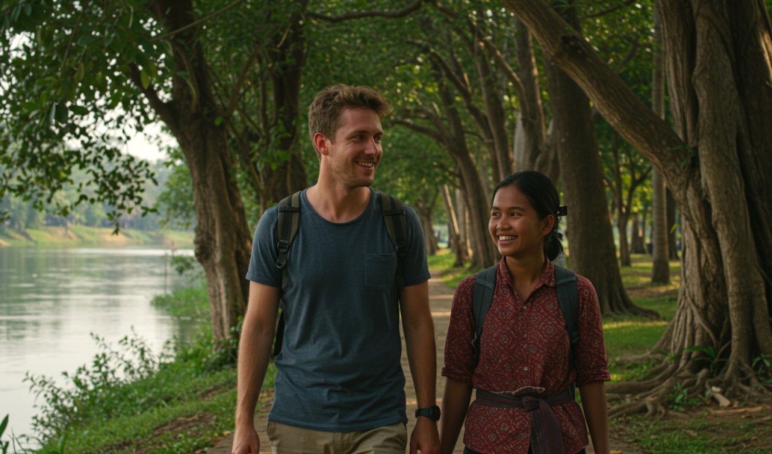 Two people walk along a tree-lined path by a river in a park in Siem Reap