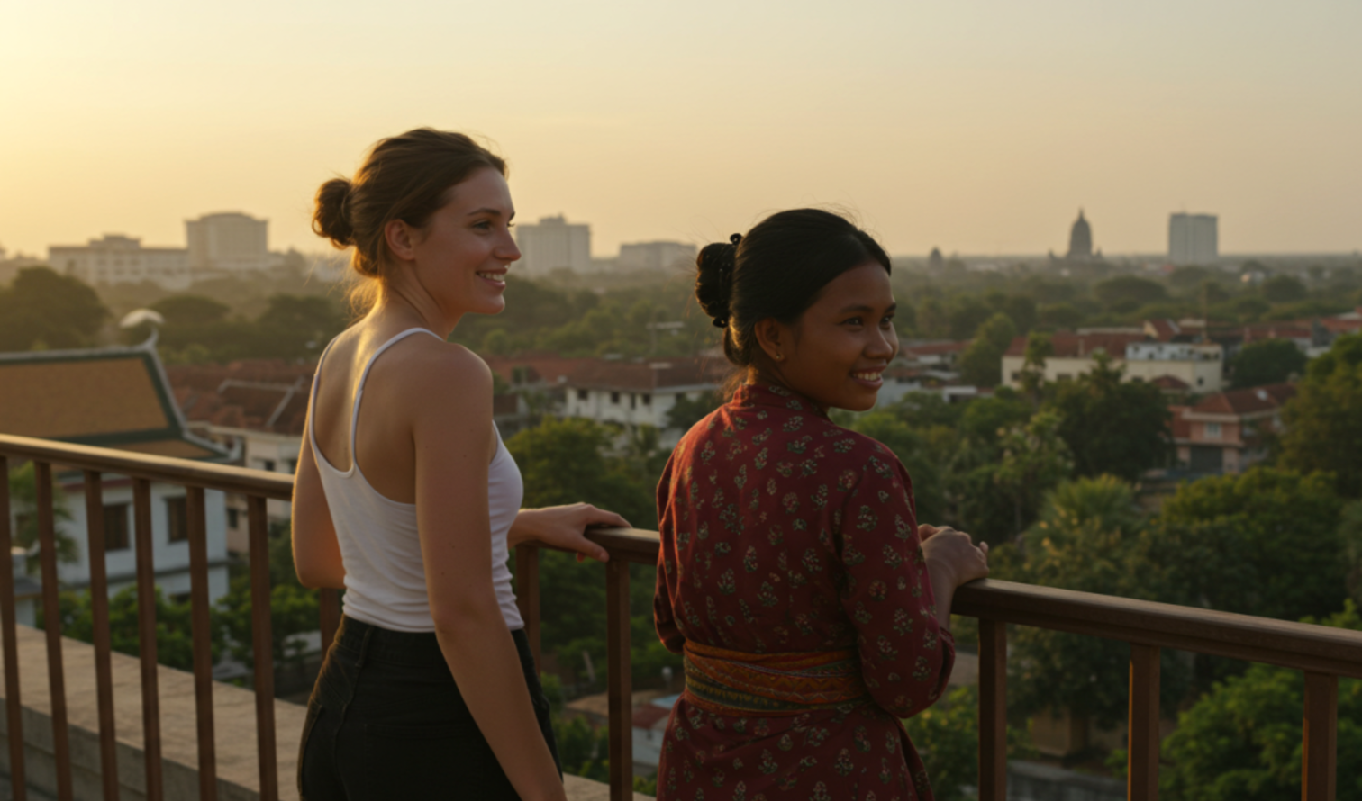 Two people standing on a balcony overlooking Phnom Penh at sunset in Siem Reap.