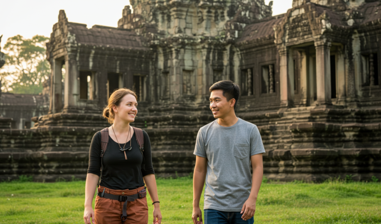 Two people walking in front of Angkor Wat temple in Siem Reap