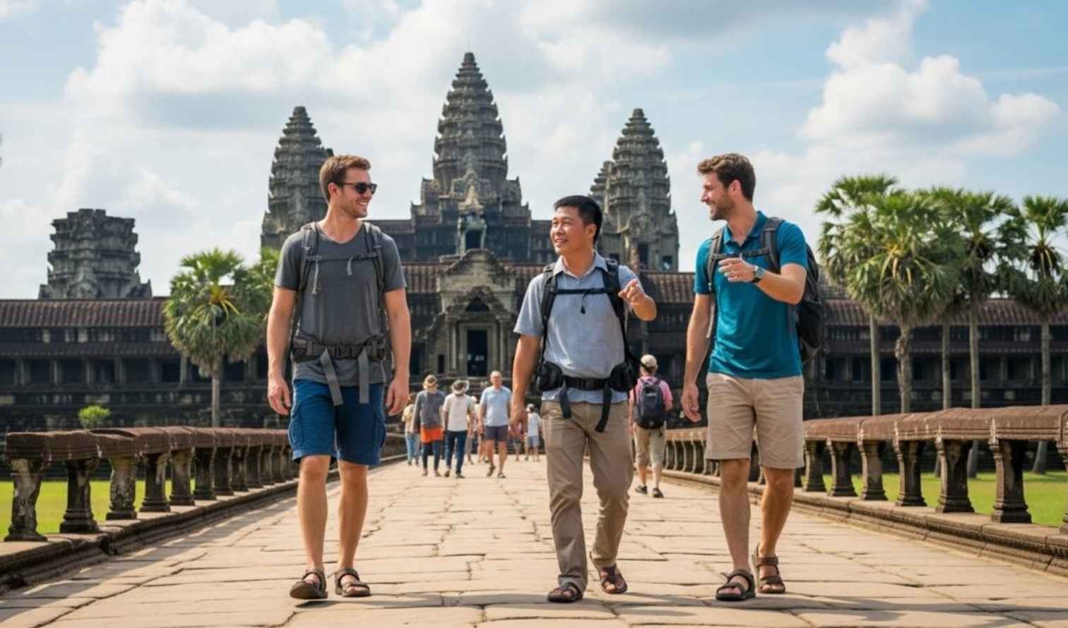 Three men walk toward Angkor Wat temple in Cambodia under a sunny sky in Siem Reap