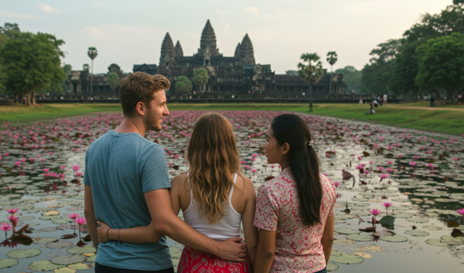 Visitors enjoy a view of Angkor Wat from the edge of a lotus pond in Siem Reap.