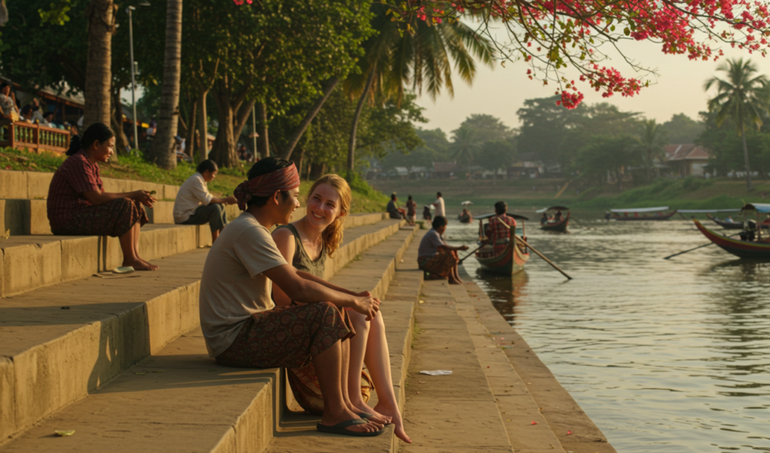 Riverbank in Luang Prabang, Laos, with locals and tourists seated on concrete steps in Siem Reap