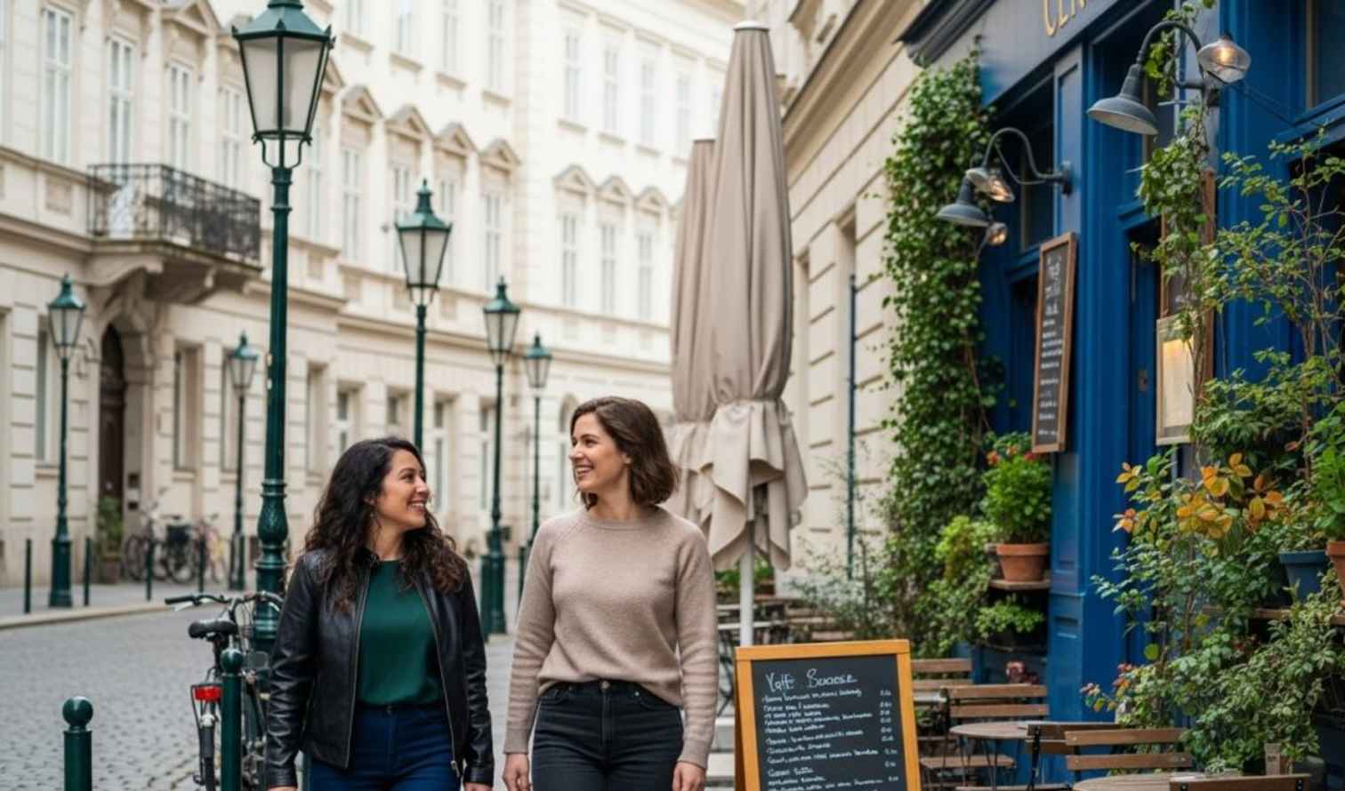 Two women walking past a blue café on a cobblestone street in Vienna