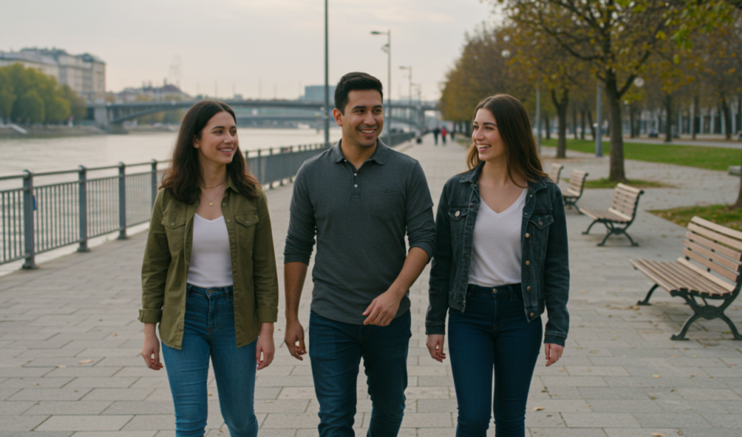 Three people walking along a riverside path near a bridge in Vienna