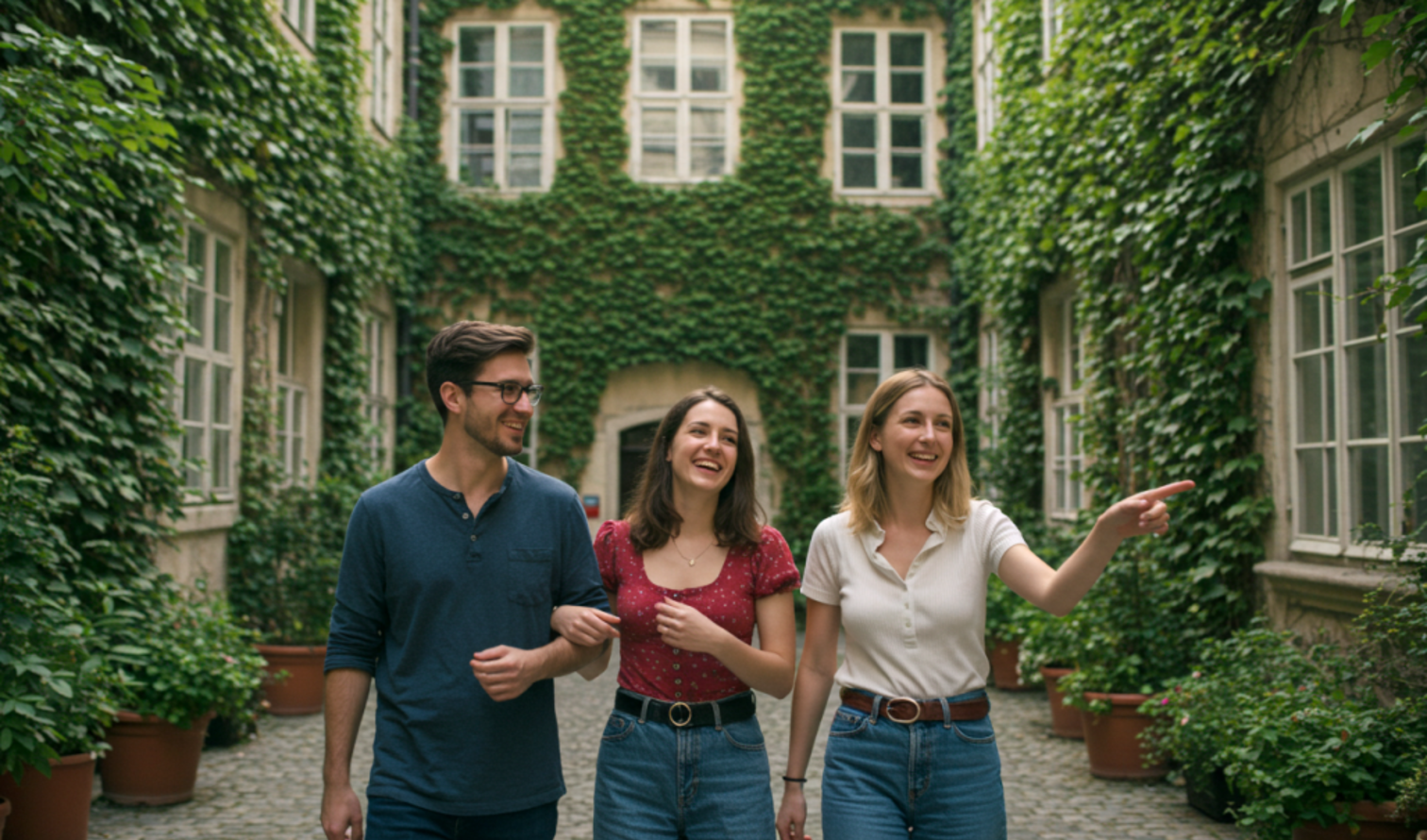 Three people walking in a courtyard with ivy-covered walls and potted plants in Vienna