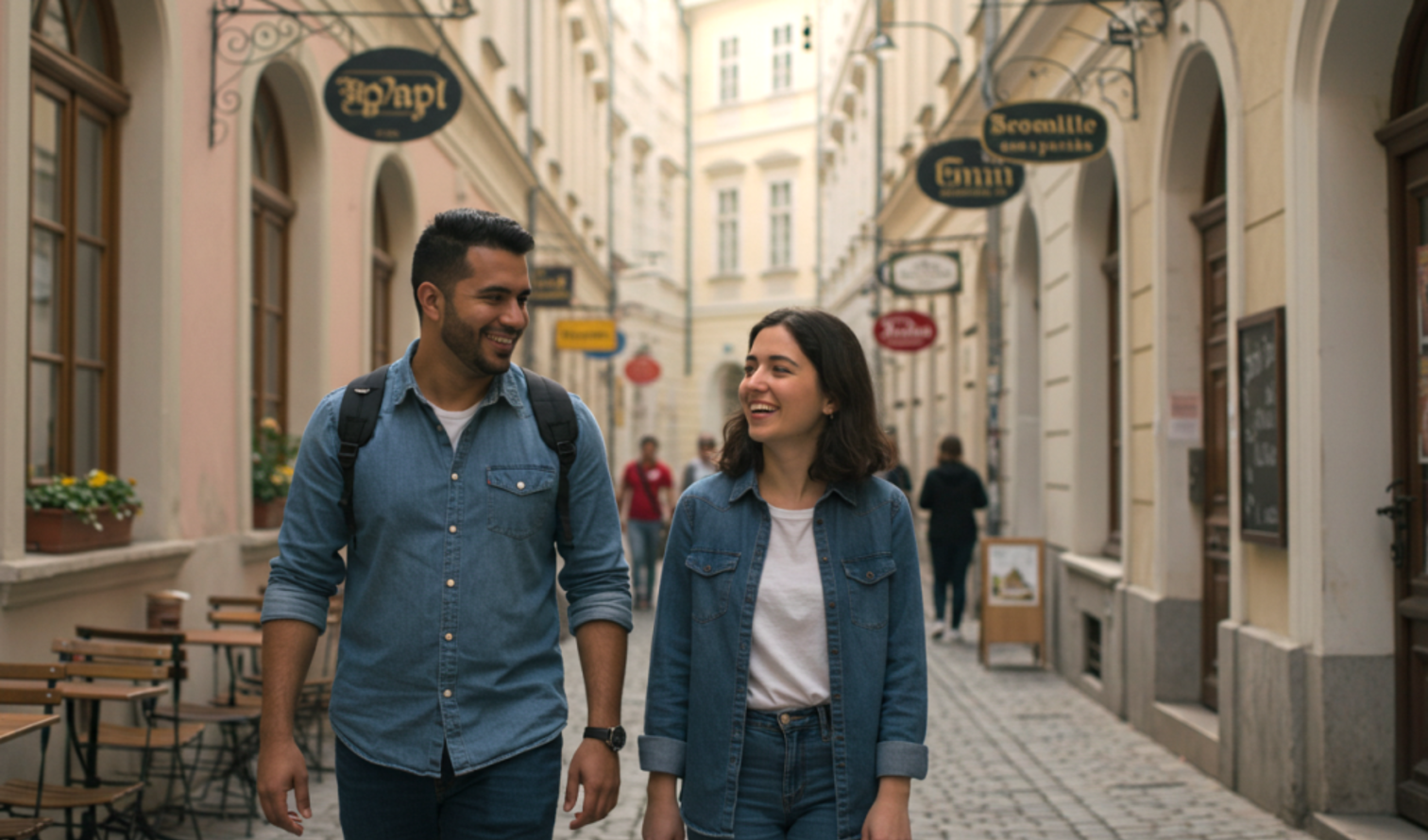 Two people walking on a cobblestone street in Vienna, Austria.