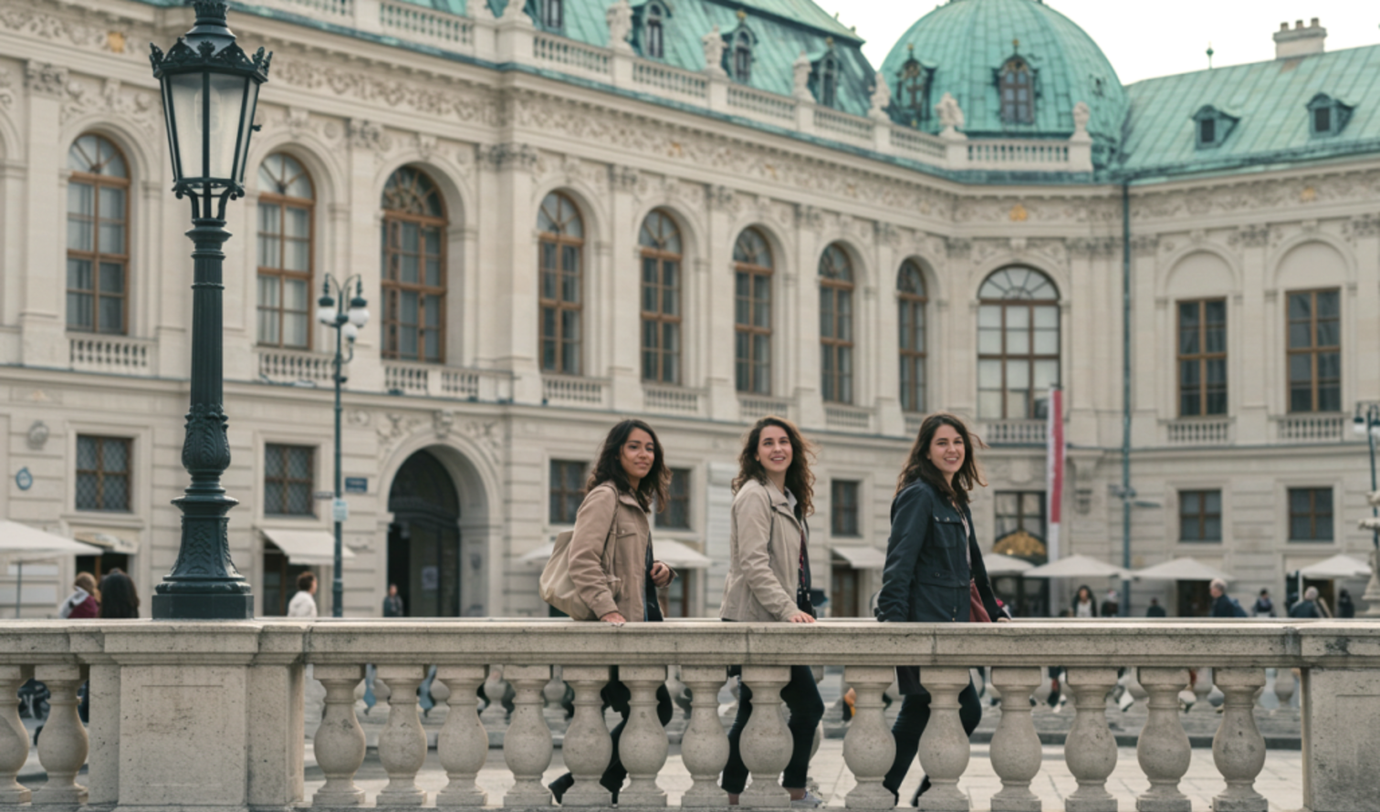 Three women walking in front of the Belvedere Palace, Vienna.