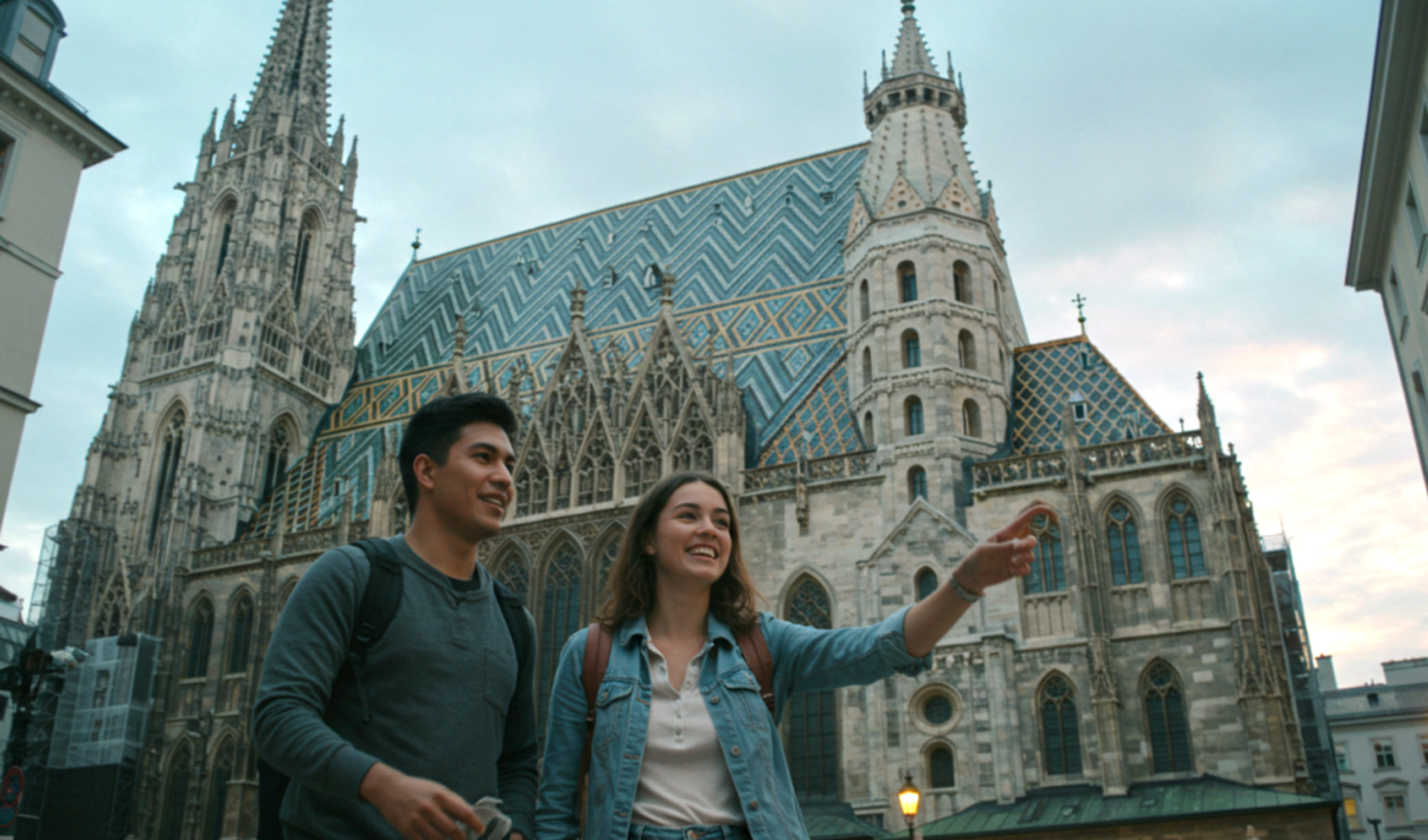 Two people walking in front of St. Stephen's Cathedral in Vienna.