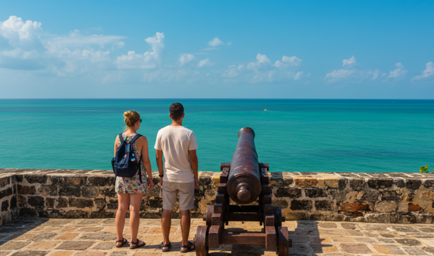 Standing near a historic cannon, two people gaze at the Caribbean Sea in Cartagena