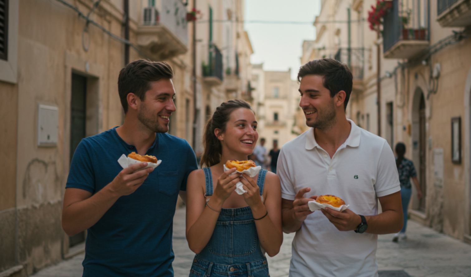 Three people eating pastries on a narrow street in Lecce, Italy.