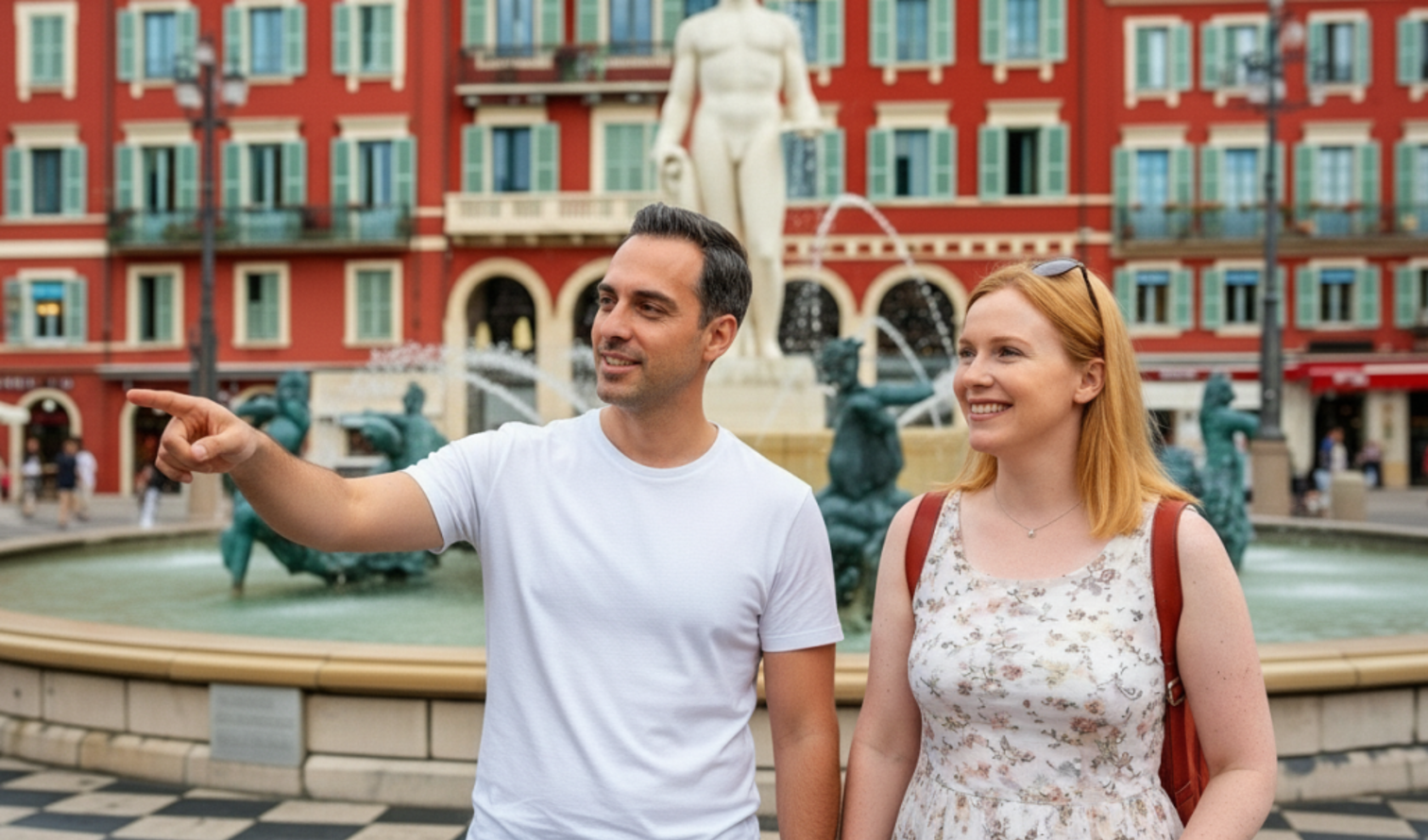 Man and woman near sculpture fountain at Place Massena, Nice, France.