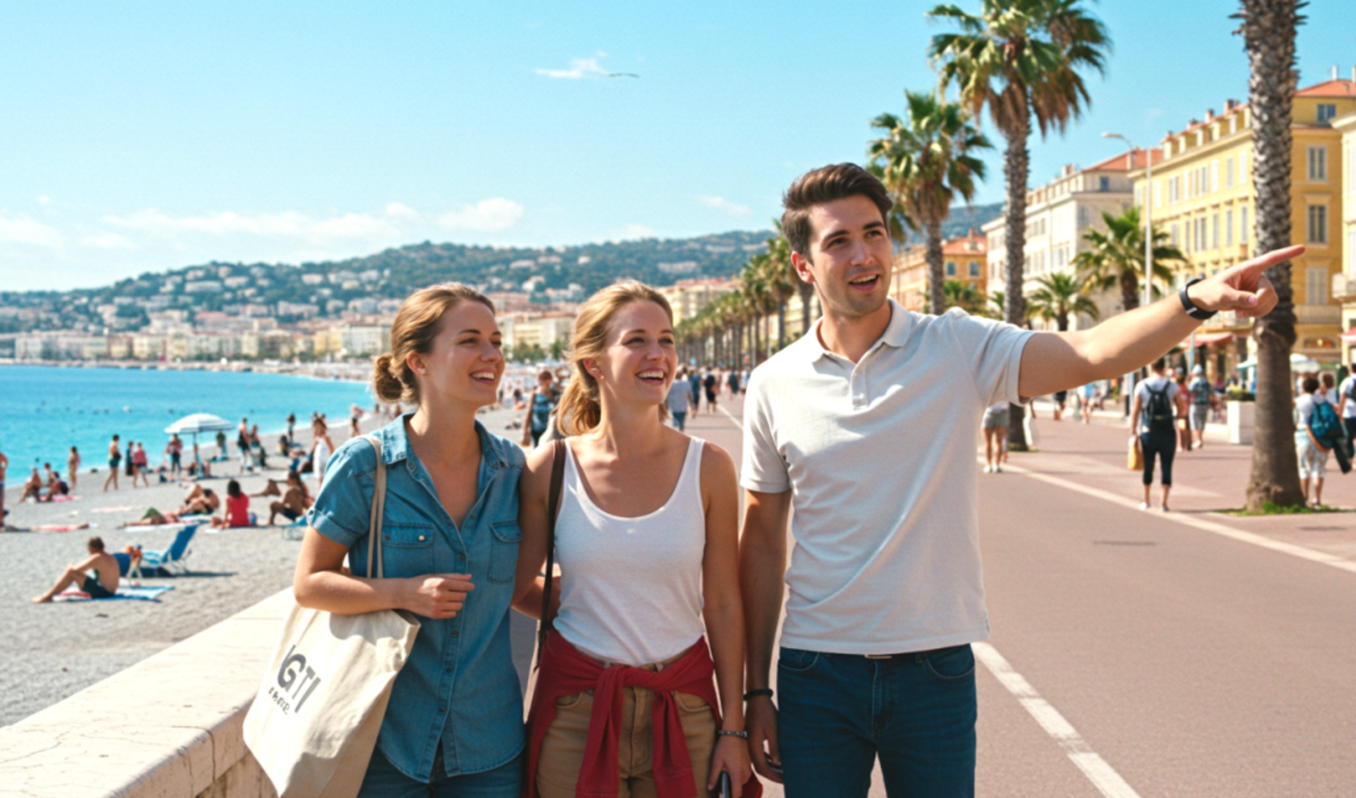 Three people walking on the Promenade des Anglais in Nice, France.
