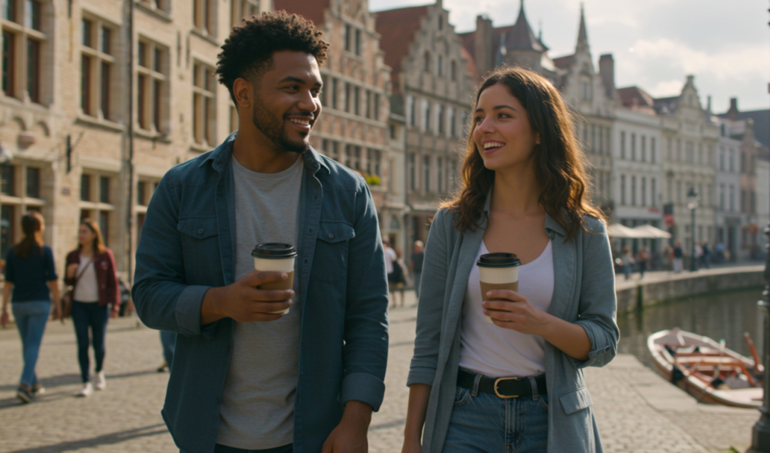 People walking along the canal in Ghent, Belgium, with coffee cups in hand.