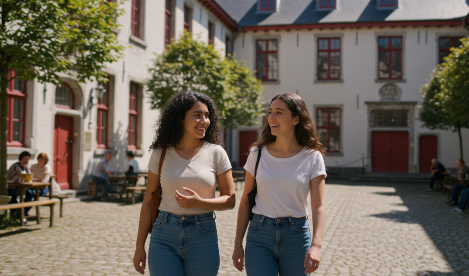 Two individuals walking past a tree-lined courtyard in Ghent