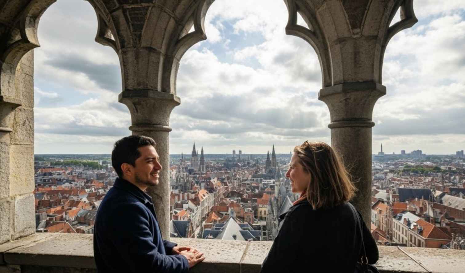 Two people stand on a cathedral balcony overlooking Brussels city skyline in Ghent