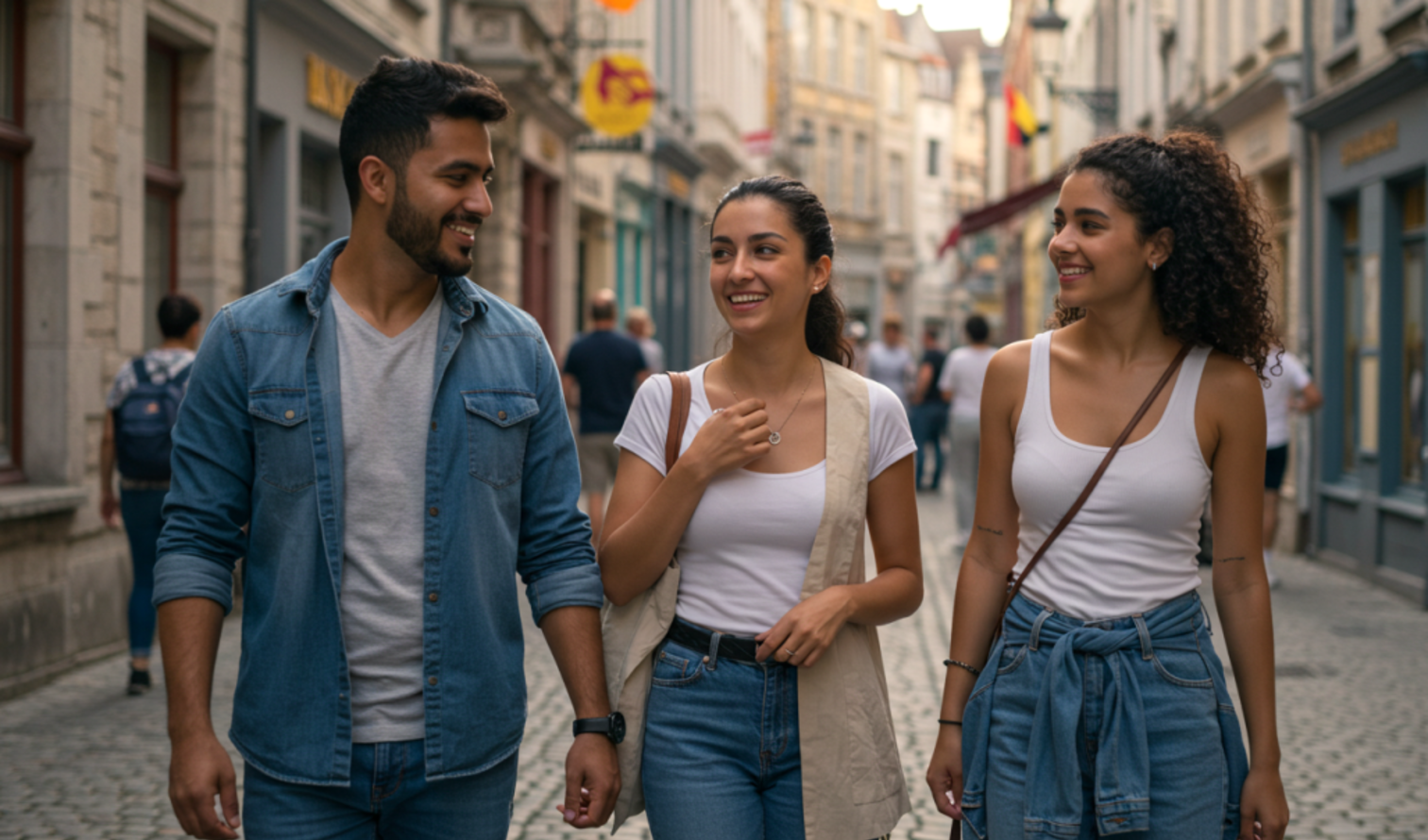 Tourists exploring a street lined with old architecture in Belgium.