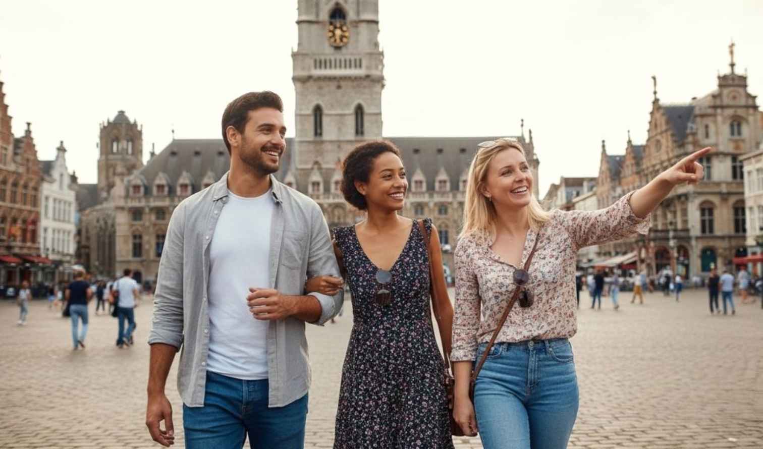 A group strolls through an urban area with Gothic architecture buildings in Ghent.