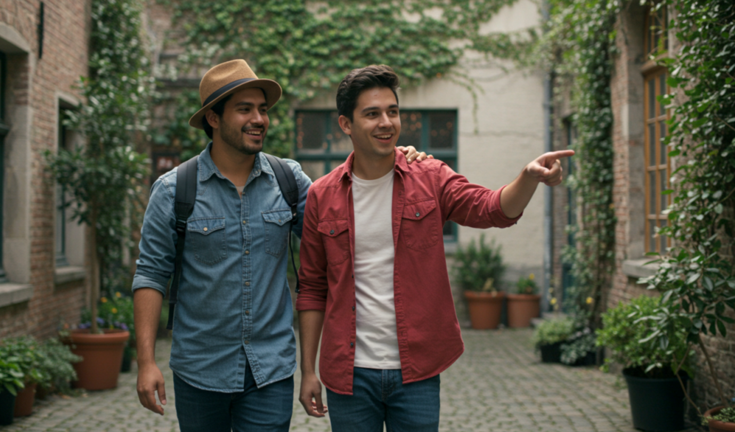 Two men walking down a cobblestone alley with ivy-covered walls in Ghent