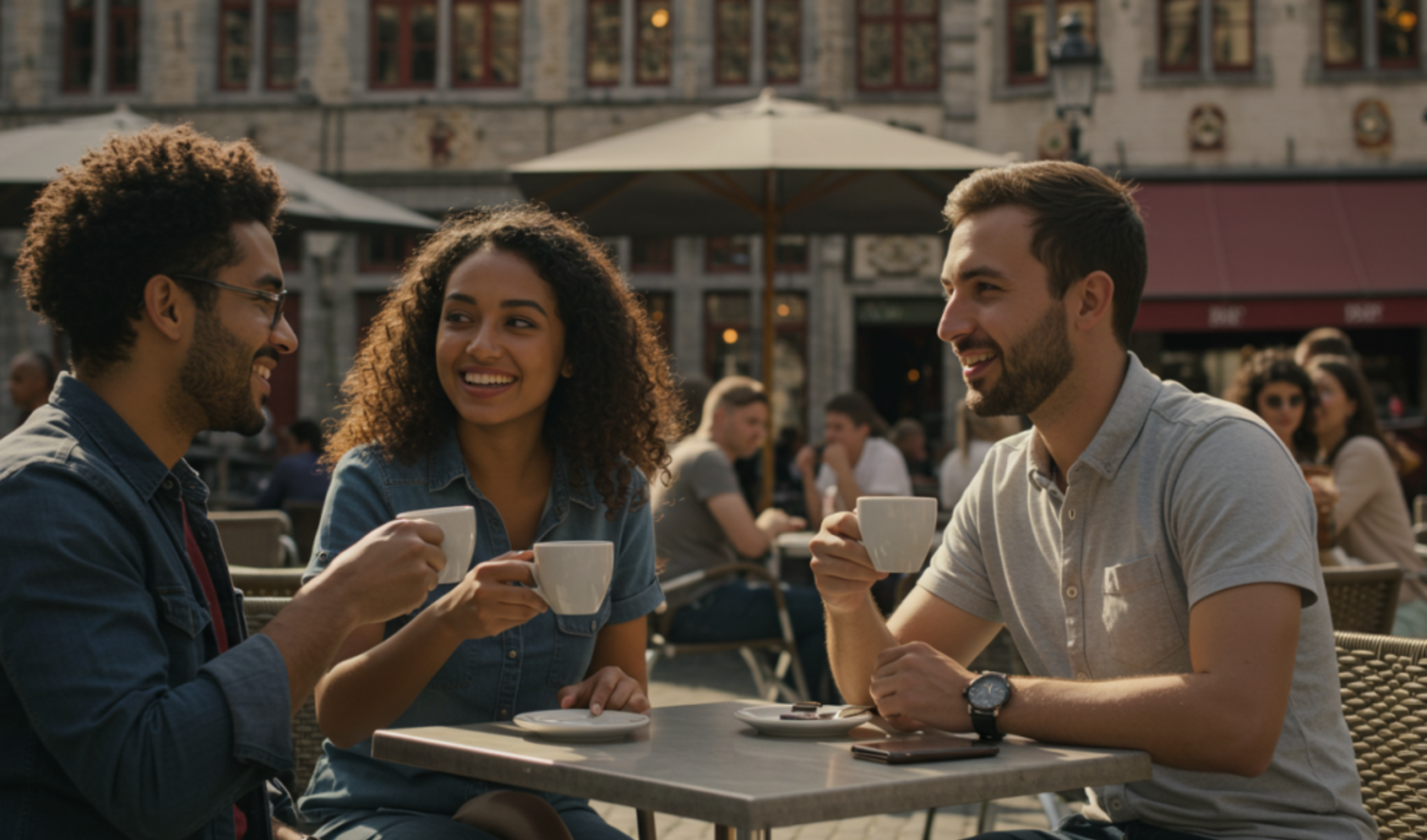Group of friends drinking coffee at a table in Ghent