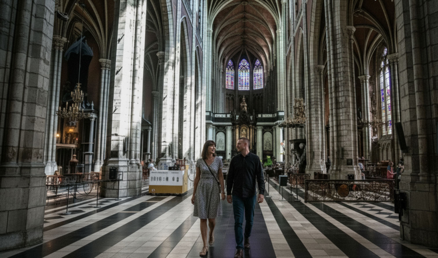 The interior of a Gothic-style cathedral with checkerboard flooring in Ghent