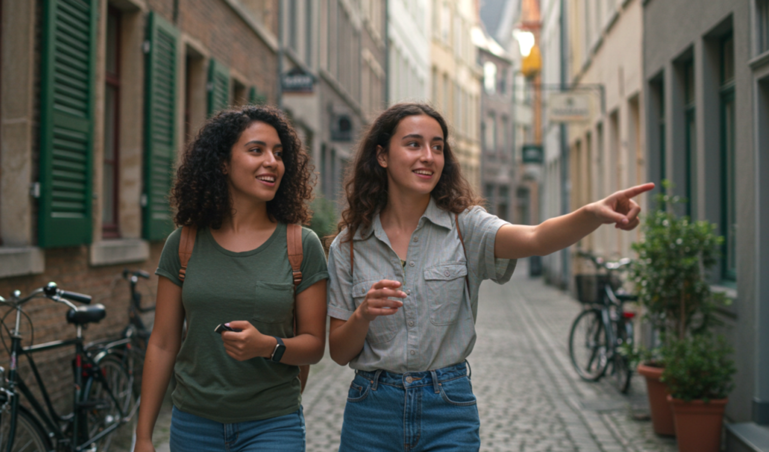 Two people walking on a cobblestone street in Ghent