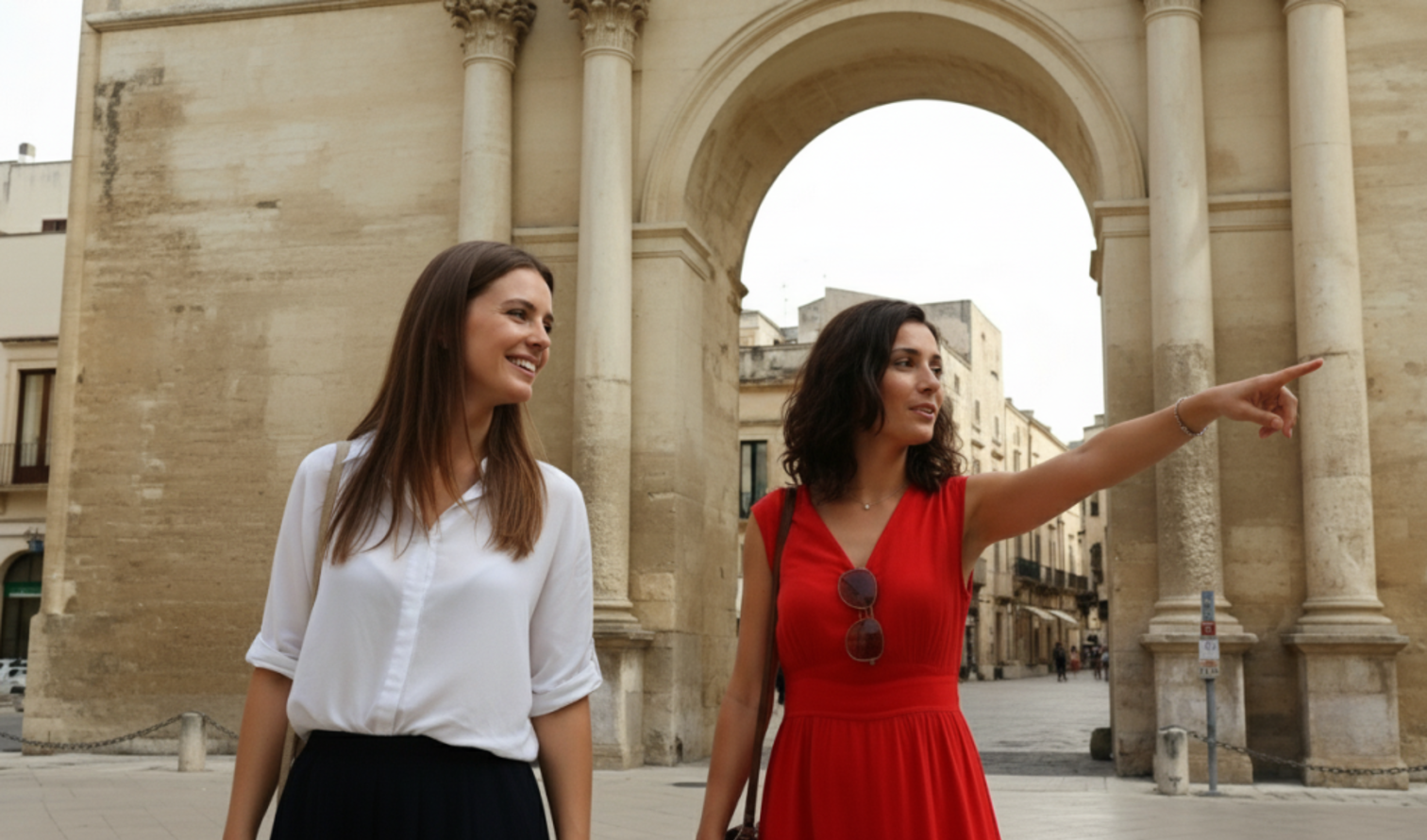 Two women stand in front of Porta Napoli, Lecce, Italy.
