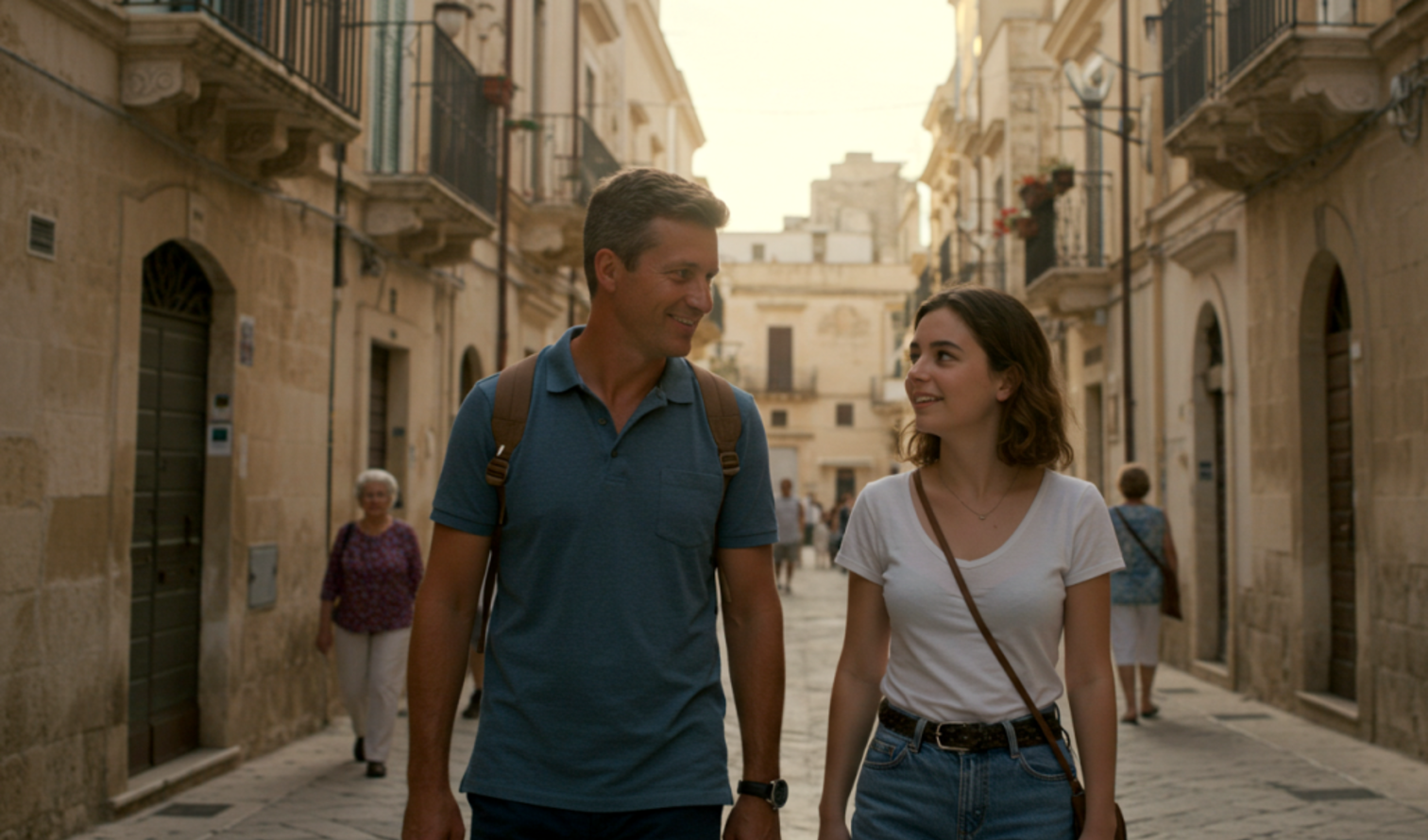 A couple walking on a narrow street  in Lecce.