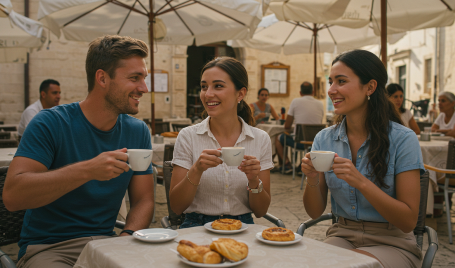 Group of friends sitting at a cafe table with pastries and coffee cups in Lecce.