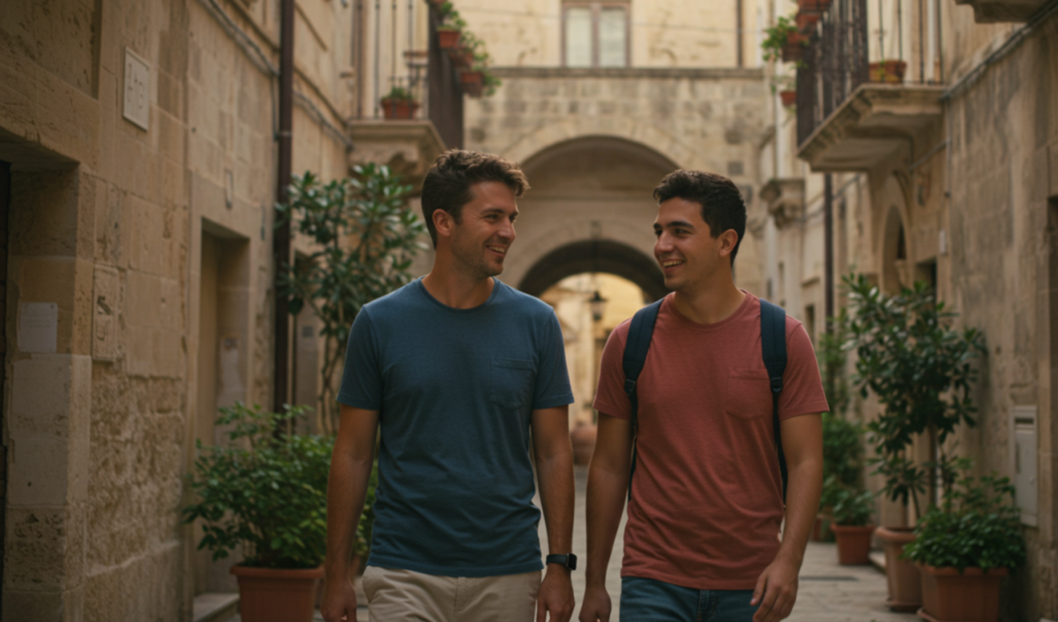 Two men walking down a narrow street in an Italian town in Lecce.