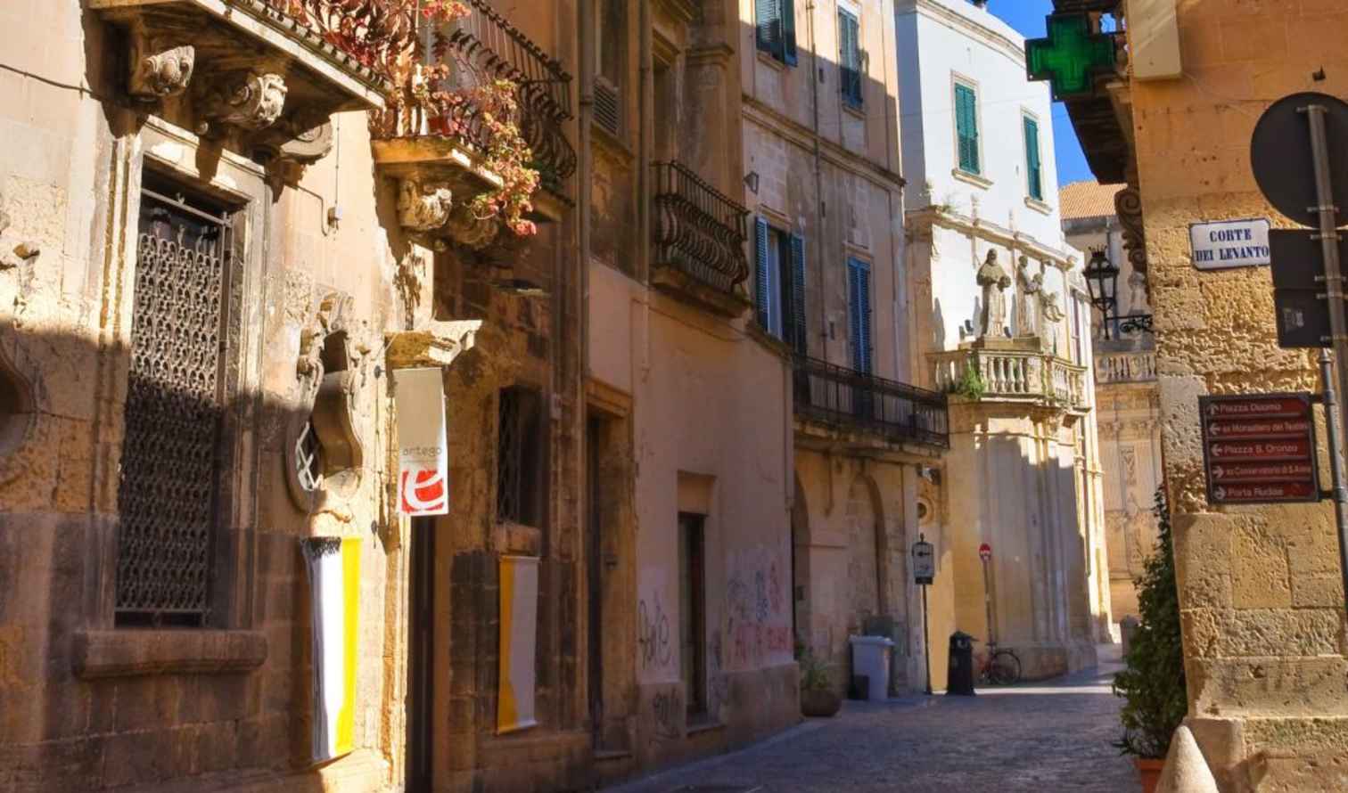 Street view of Conte dei Lantò Vecchi with old architecture in Lecce, Italy.