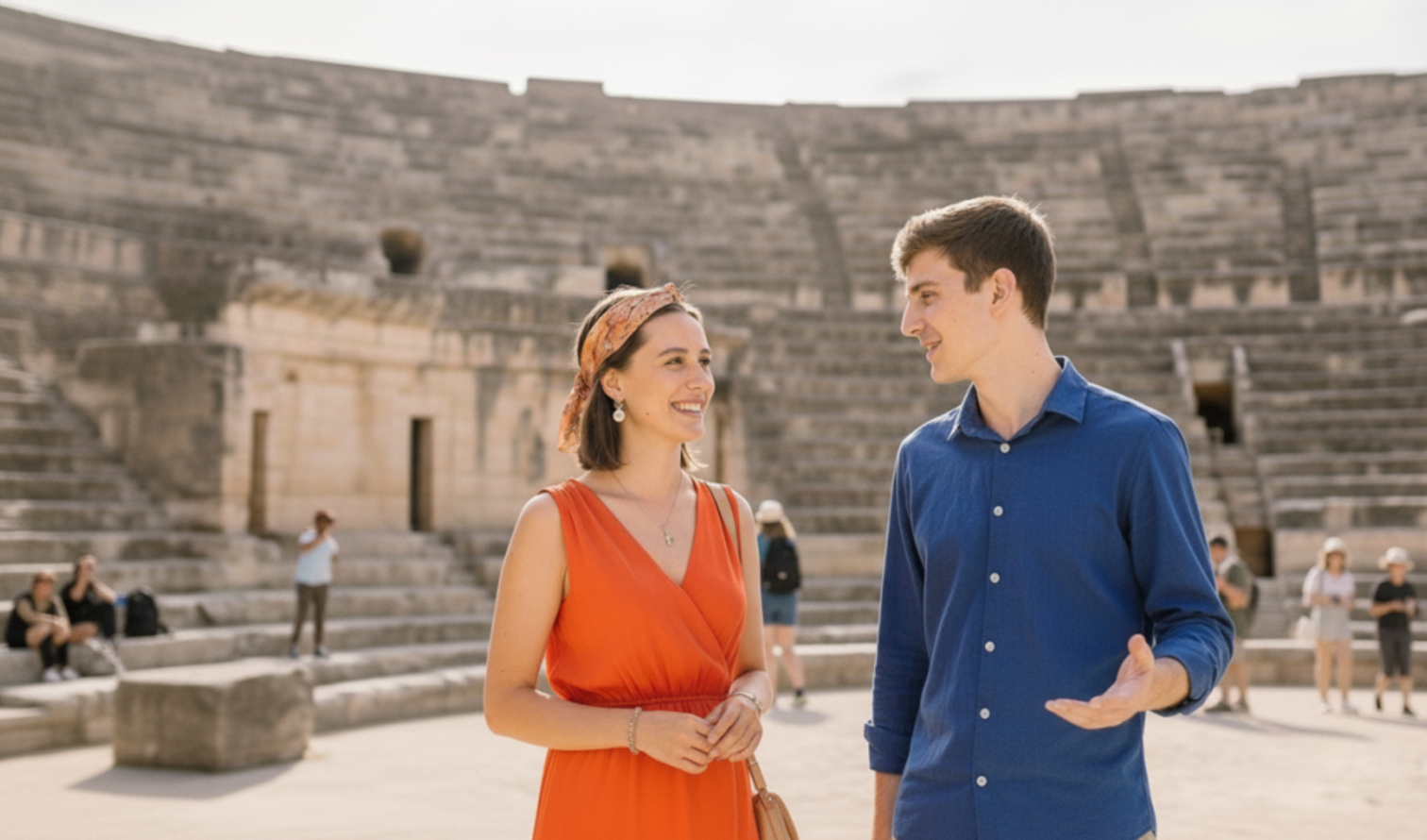 Two people stand in the Roman amphitheater  in Lecce