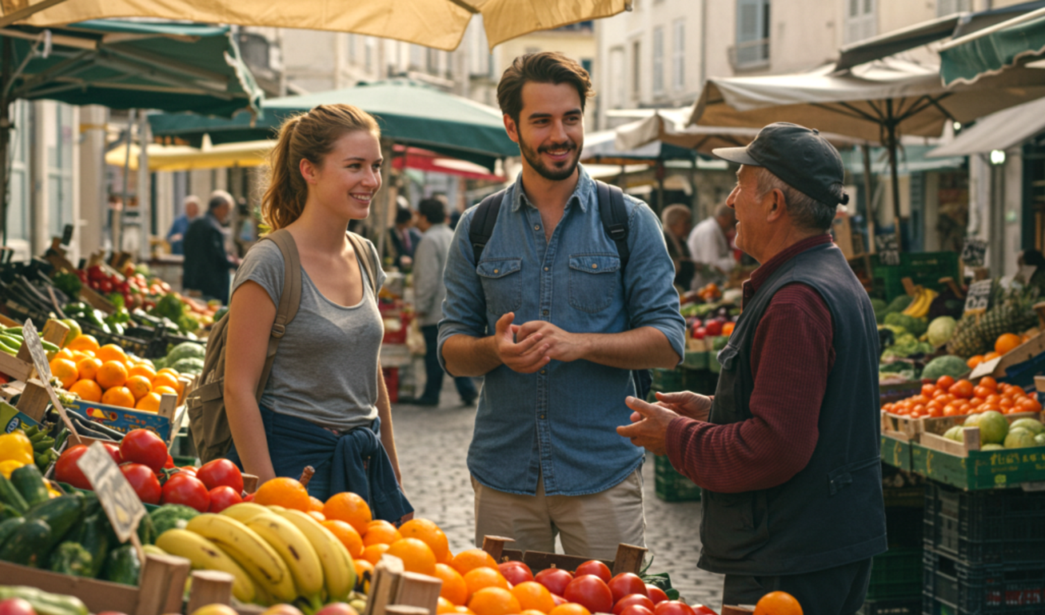 Woman and man talking to a vendor at a street market stall in Marseille
