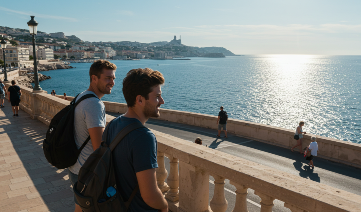 People walking along the promenade with Marseille's coastline in the background.
