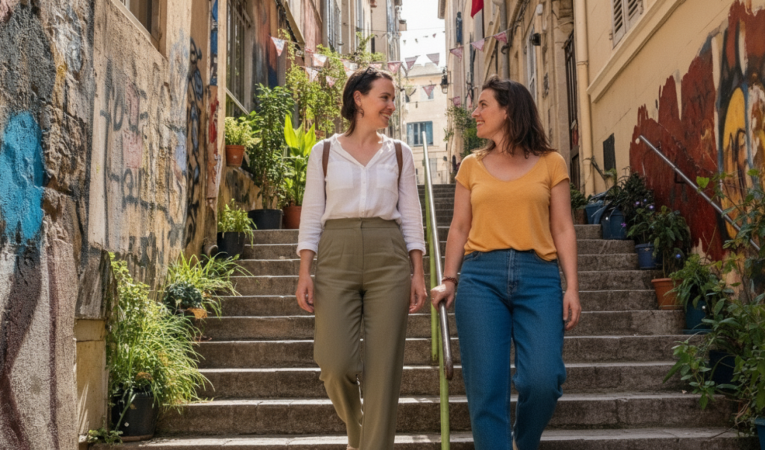 Women descending a staircase lined with potted plants in Marseille