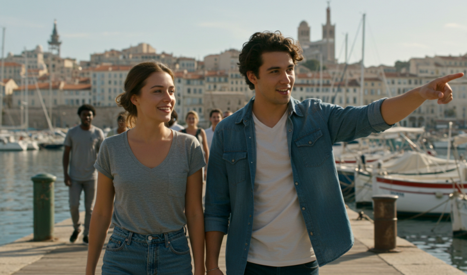 Man and woman strolling along a marina in Marseille city center.