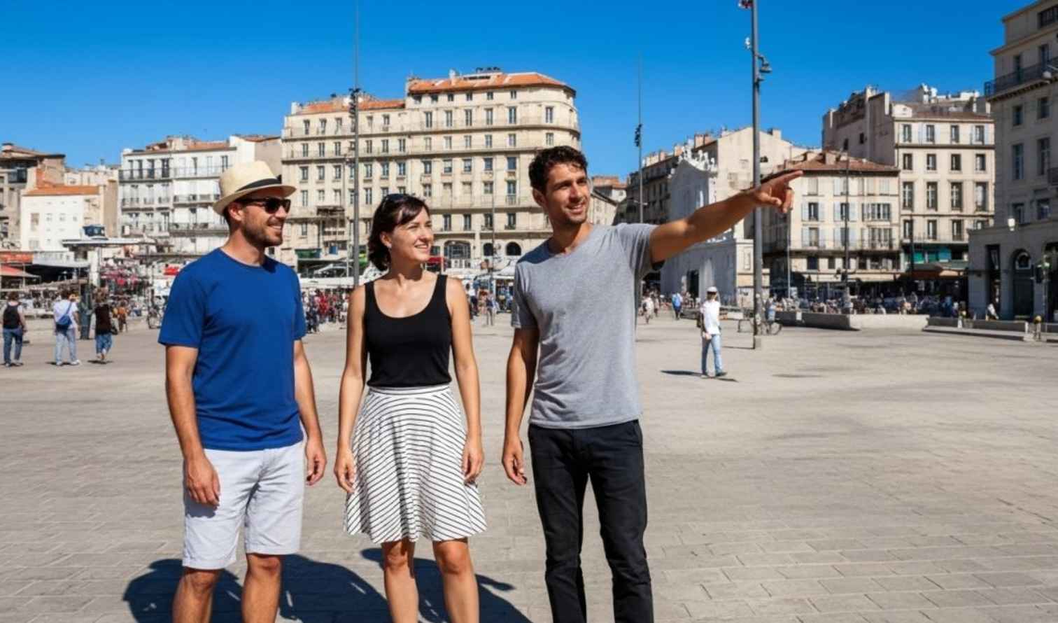 Three people stand in a plaza in Marseille, surrounded by historic buildings.